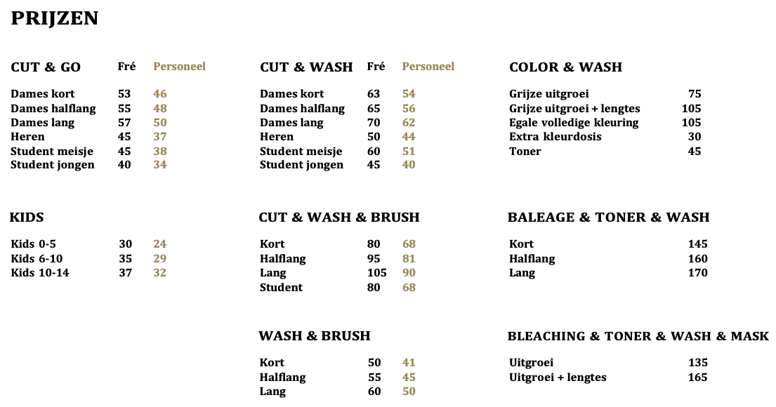 prijslijst kwaffeur